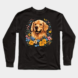 A Golden Retriever surrounded with wild flowers, illustration Long Sleeve T-Shirt